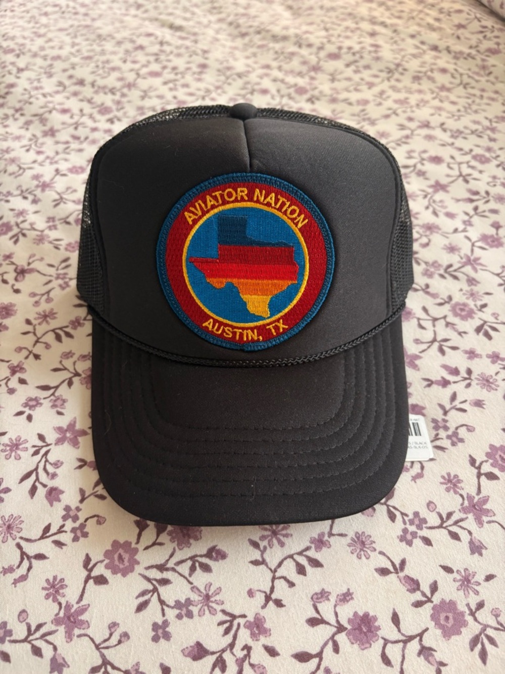 Aviator Nation Black Trucker Hat with Red Blue Yellow Patch
